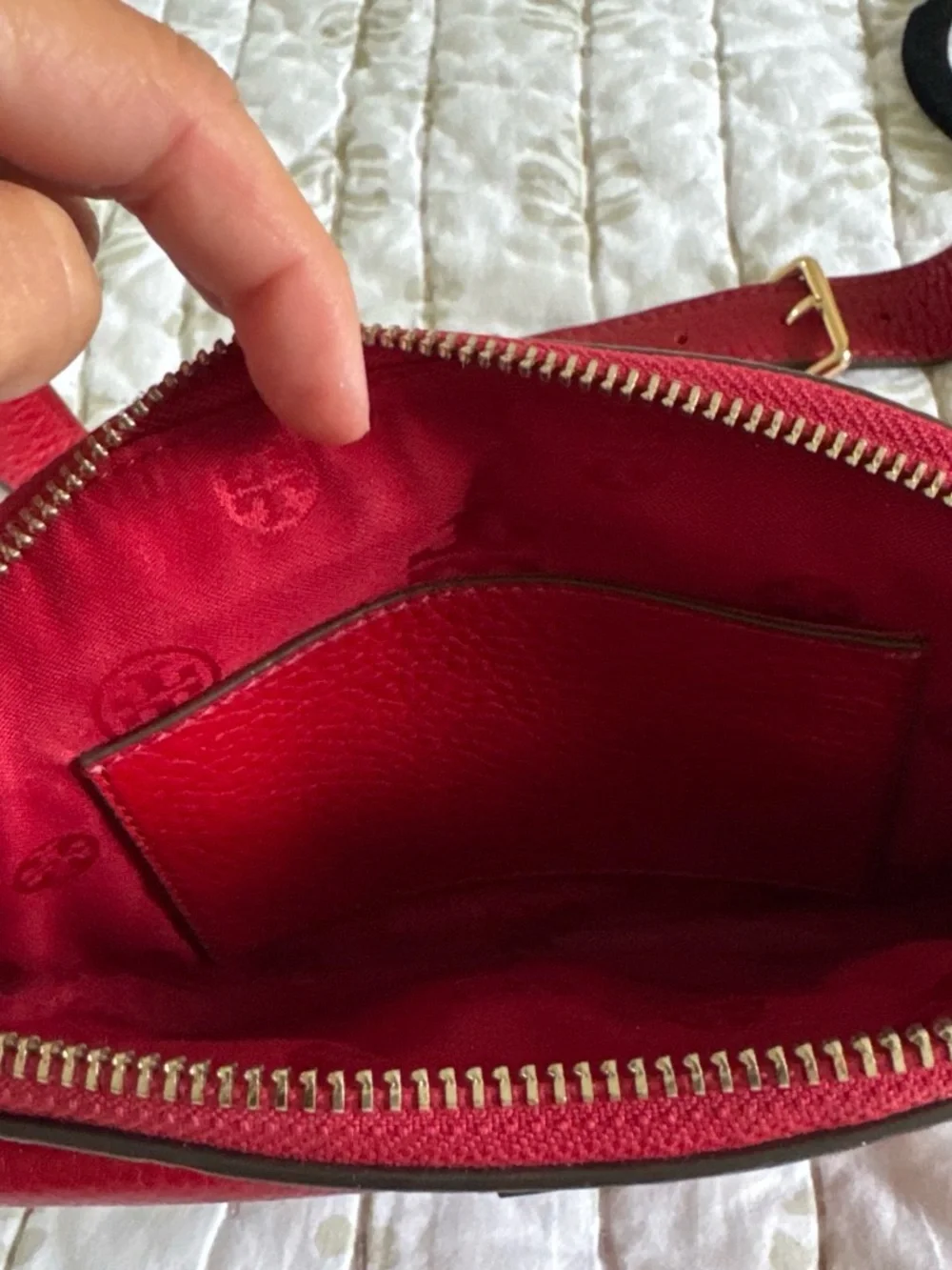 Tory Burch Red Pebbled Leather Crossbody Belt Bag with Logo